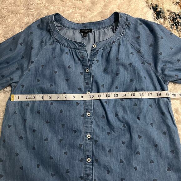 NWT Talbots 100% Cotton Heart Patterned Denim Ruffle Top Size MP - Picture 7 of 8